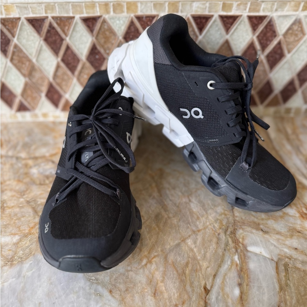 On Cloud Black and White Cloudflyer Athletic Sneakers